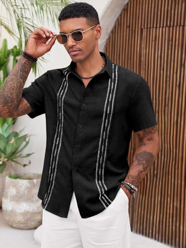 Runcati Mens Cuban Guayabera Shirts Short Sleeve Button Down Casual Summer Beach Wedding Embroidered Linen Tops3