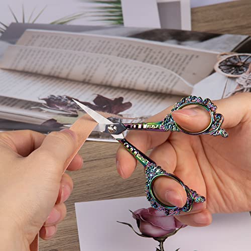 Image of Embroidery Scissors - 4.5In Cute Vintage European Style Sewing Plum Blossom Sharp Stainless Steel Small Scissors for Fabric Knitting Cross Stitch Craft Art Work Needlework (Rainbow Color) (Pack of 2)