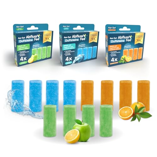 ABFLUSS-FEE 12er Nachfüll-Set für Abflussfee Waschbeckenstöpsel Reinigungssteine Abflüsse jeder Art Abflussreiniger inkl. Frische Duft Bundle [Apfel Aroma Orange & Meeresbrise ] Grün Blau Orange