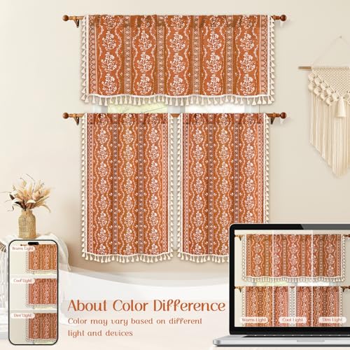 Image of Yinhua Boho Valance Curtains Vintage Linen Orange Kitchen Valances for Windows Light Filtering Bohemian Floral Valance Rod Pocket Farmhouse Tassel Window Valances for Bathroom Cafe, 52 inch W X 18 inch L