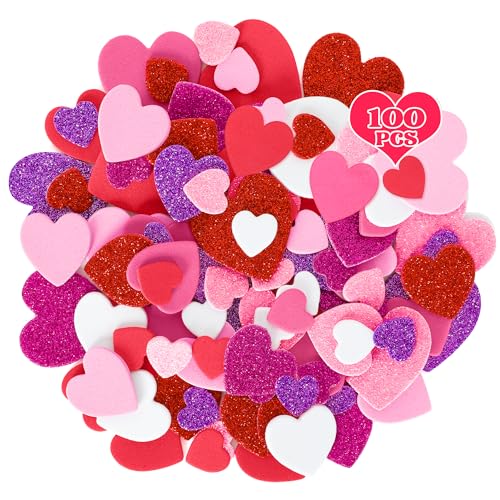 100 Pcs Valentines Stickers, Self-Adhesive Foam Heart Stickers Crafts Supplies, 3 Sizes Glitter Matte Valentines Crafts, Heart Shape Sticker for DIY Valentine Craft Scrapbooking Card Making