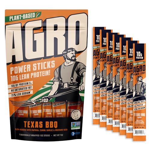 AGRO POWER Vegan Jerky Sticks, 10g Protein per Stick, Texas BBQ Plant-Based, 7 Stick Bag, Non-GMO, 40% Less Sodium, Zero Cholesterol, Meat Alternative, High Protein Snack for Lunch, On-the Go Fuel