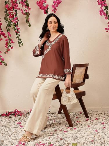 Image of QAZMI Women's Aari Embroidered Viscose Rayon V-Neck Full Sleeves Short Kurti