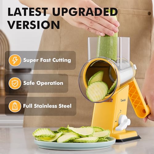 Image of Geedel Rotary Cheese Grater - Upgraded Vegetable Shredder with 4 Interchangeable Blades, Easy to Clean Cheese Shredder with Handle, Kitchen Grater Nuts Grinder for Cutting Cheese, Vegetable, Nuts