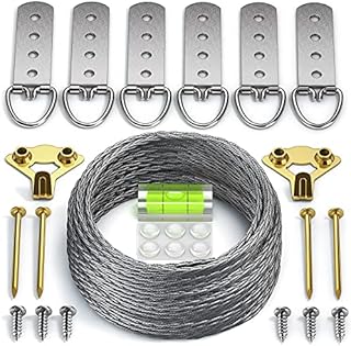 Heavy Duty Picture Wire Hanging Kit - D-Ring, Screws, Hanging Hooks,Level. Supports up to 110 lbs 50+ Feet (15.25M) Stainless Steel Wire Hanger