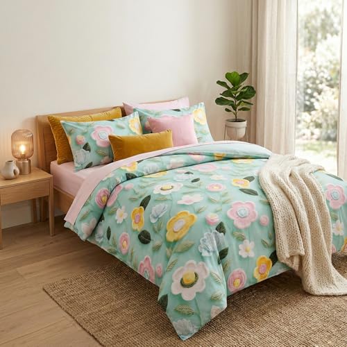 Image of LOOMLYFE 300 TC Microfiber XXL Soft Cotton Super King Size Bedsheet for Double Bed, King Size 108 Inches X 108 Inches, 9 Feet, 275 X 275 cm with 2 Large Size Pillow Covers - PastelGreenSunflowerFlower