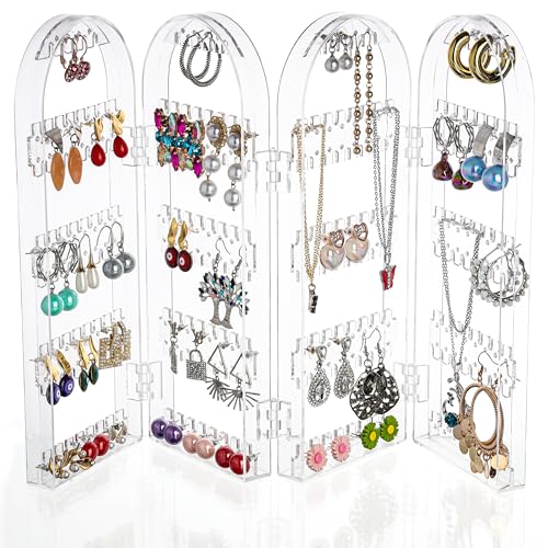 Kurtzy Expositor Pendientes Plegable de Acrílico Transparente - Organizador Pendientes 120 Pares de Pendientes – 5 Niveles y 4 Paneles para Pendientes, Brazaletes y Collares - Joyero Metacrilato