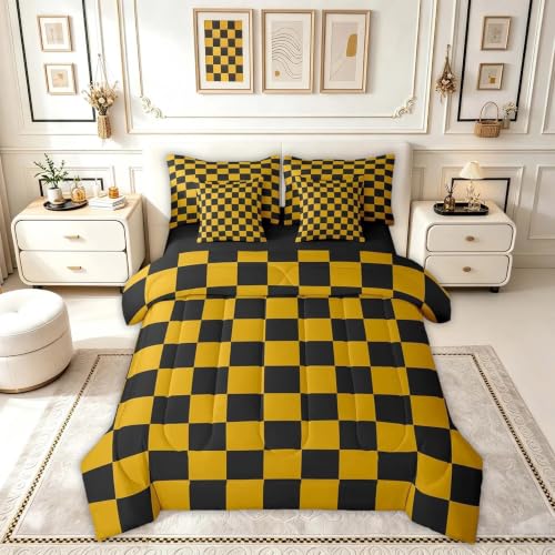 Image of Feelyou Checkered 7 Piece Bedding Set Teen Yellow Black Plaid Comforter Set with Sheets Full Size Kids Boys Cute Retro Neutral Checkerboard Geometric Bed in a Bag Vintage Aesthetic Room Decor