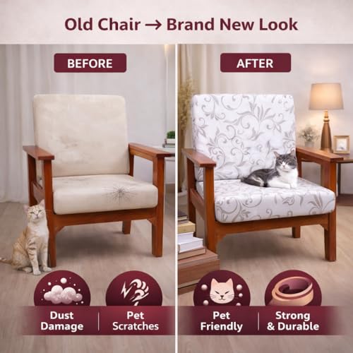 Image of STITCHNEST 'Contour Fit Series' Stretchable Printed Wooden Sofa Cover (Pack of 2) - Elastic Wooden Chair Cover | Wooden Sofa Seat Cover | Size - 20-21 x 20-21 x 3-5 in