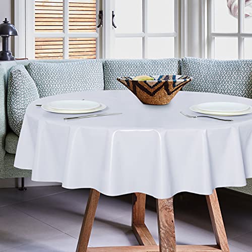 Image of sancua 100% Waterproof Round PVC Tablecloth - 60 Inch - Oil Proof Spill Proof Vinyl Table Cloth, Wipe Clean Table Cover for Dining Tables, Buffet Parties and Camping, White