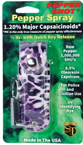 Pepper Shot 1.2% MC 1/2 oz pepper spray fashion leatherette holster and quick release keychain leopard black/purple