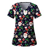MJIQING Schlupfkasack für Damen Pflege Weihnachten Drucken Krankenpflege Kasack Berufskleidung Kurzarm V-Ausschnitt Bluse Top Krankenschwester Schlupfhemd Uniform Pflege Kleidung Damen