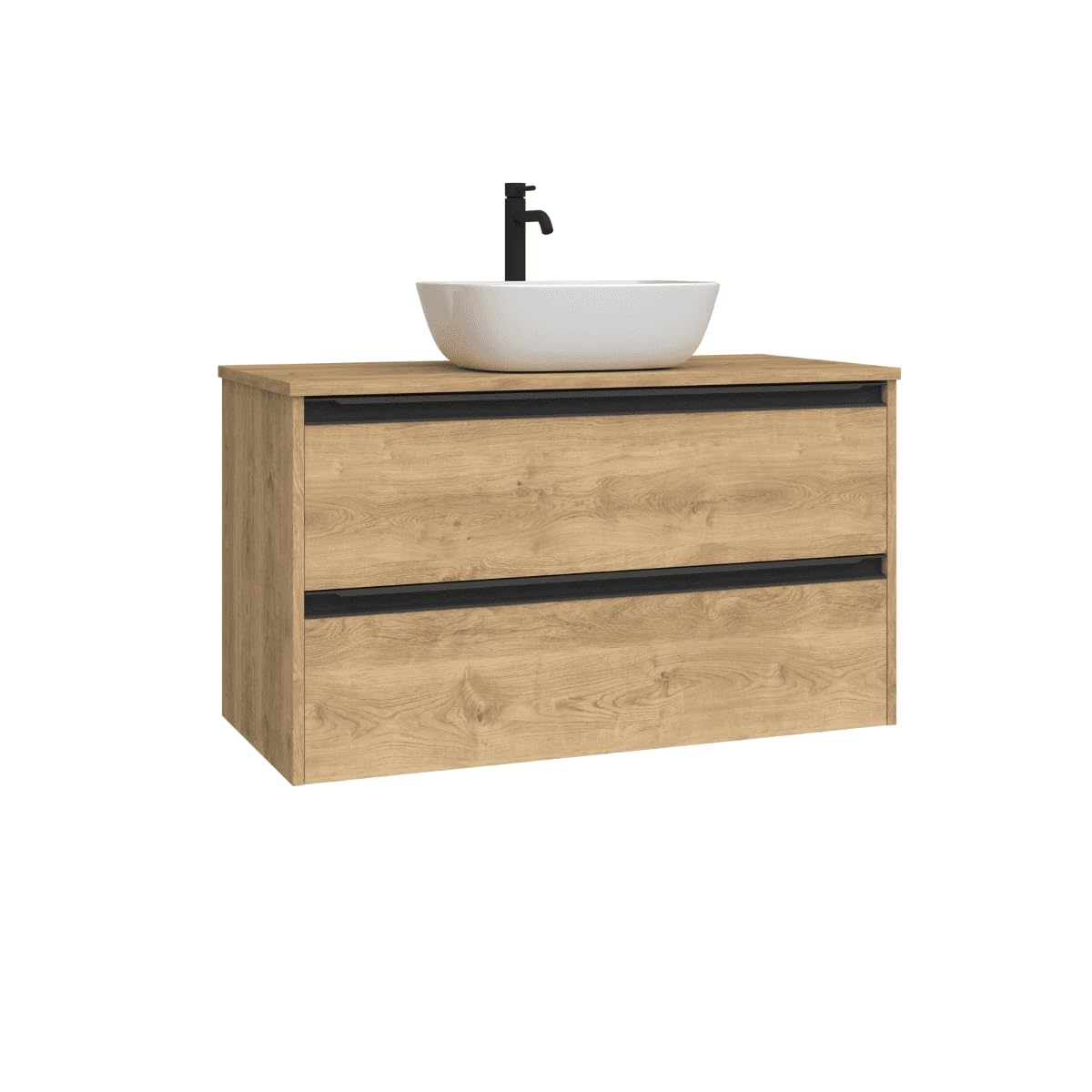 Mueble de Baño Suspendido con Lavabo Sobreponer Cerámico |Mueble Volado 2 Cajones Con Tirador | 60 cm Roble Natural Tirador Negro