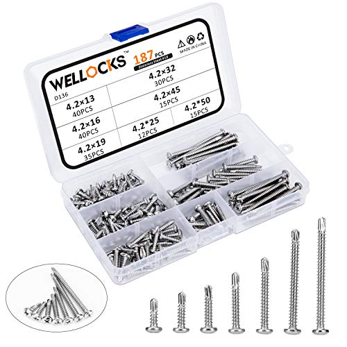 WELLOCKS 187 piezas de tornillos autorroscantes de cabeza de botón M4.2 Tornillos de acero inoxidable Longitud 13-50 mm Kit de tornillos autoperforantes con caja (D136)