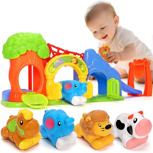 Image of V-Opitos Toys for Toddler 1, 2, 3 Year Old Boy and Girl, Zoo Animal Slide Playset with 4 Animal Cars, Open-Ended Interactive Toy for Cultivate Imagination, Gifts for 12-18+ Months Kids