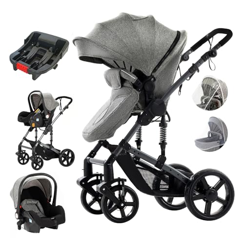 Image of 3 in 1 Baby Stroller Travel System Combo Set, Infant High Landscape Pram, Foldable Reversible Portable Standard Stroller, Newborn Pushchair Buggy, Reclining Baby Carriage (UD588-Grey with Base)