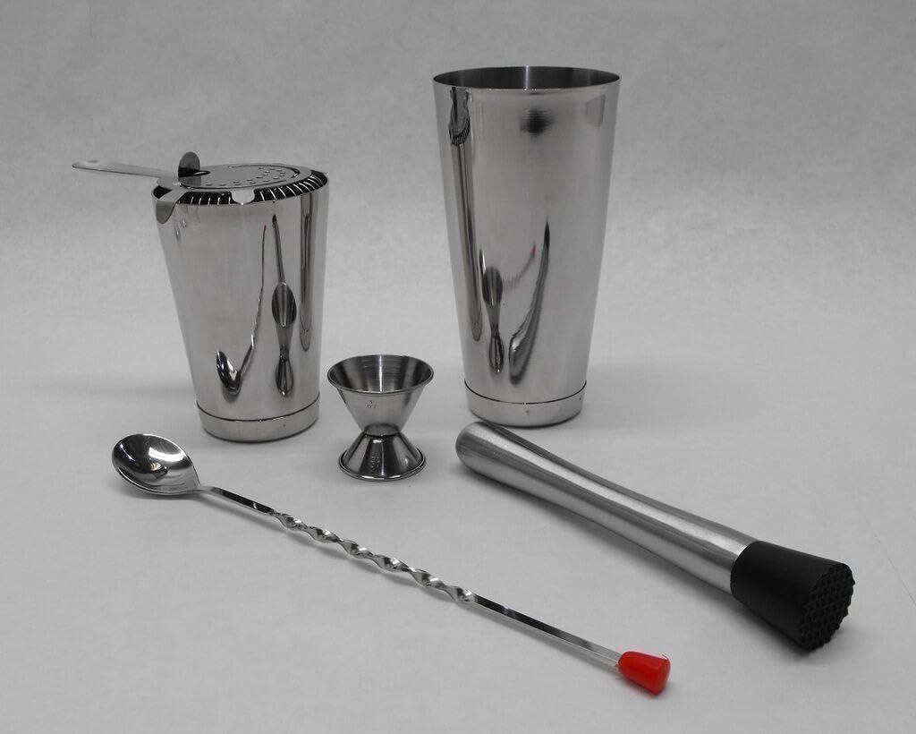For 6 Piece BOSTON SHAKER SET Strainer, Muddler, Spoon, Jigger, WEIGHTED Tin Bar Kit