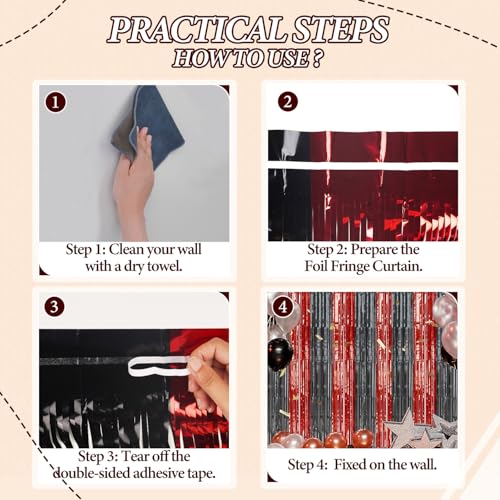 Image of DECOCKRAT 3 Pack Foil Fringe Backdrop - Red&Black Shiny Tinsel Curtains for Party Decoration /Photo Booth Props - 3.3x8.2 FT Metallic Foil Backdrop for Birthday, Wedding, Graduation, Christmas.