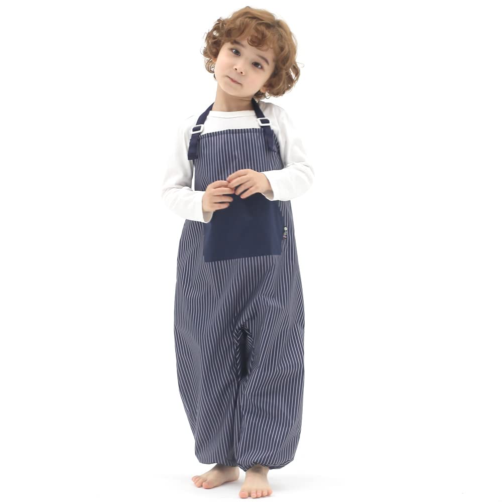 Kids Art Smock Dungaree Style, Lightweight Waterproof Painting Apron with Adjustable String, Quick-Dry Messy Play Overall for Boys Girls School Crafts, Navy Stripe (24-M)
