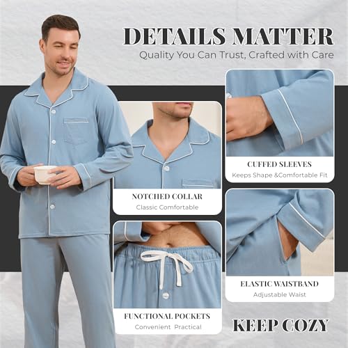 Image of U2SKIIN Mens Cotton Pajama Set, Soft Long Sleeve Pajamas for men Lightweight Button Up Sleepwear Lounge Pjs Set with Pockets