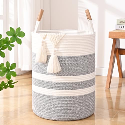 Image of Large Laundry Basket, Laundry Hamper with Leather Handles, 60L Woven Dirty Clothes Hamper, Rope Hampers for Bedroom, Barthroom, Grey