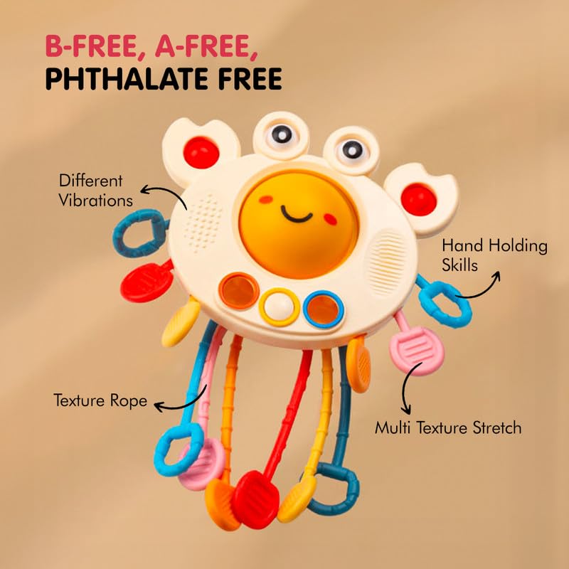 Image of Kidology Baby Pull String Teething Toy - Montessori Sensory s, Food Grade Silicone Crab, Travel Toy for Babies, Motor Skills Development, Washable Teether Toys - for 6+ Months Boys & Girl