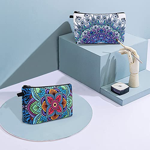 Image of MAGEFY Makeup Bag, 2 Styles Travel Cosmetic Bag for Women Cosmetic pouch Elegant Blue Patterns Zipper Pouch Waterproof Makeup Pouch Cute (2 Packs, Peacock feather + Mandala pattern 0179)