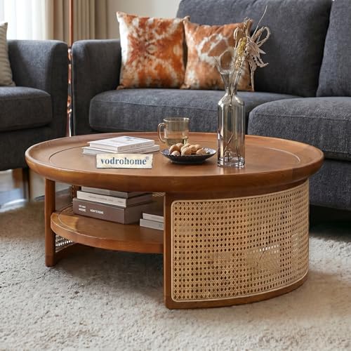 Image of Rattan Coffee Table - Cane Center Table with Shelf for Storage - Bohemian Solid Mango Wood Coffee Table for Office and Living Room - Round, 32 inch x 32 inch x 16.5 inch, Honey Finish