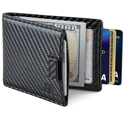 SERMAN BRANDS RFID Blocking Bifold Slim Genuine Leather Minimalist Front Pocket Wallets for Men Money Clip (Carbon Fiber 3.0)