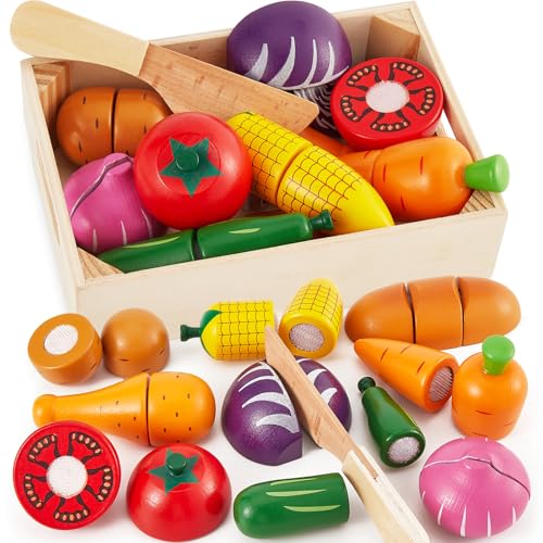 LINFUN KIDS Jouet Légumes en Bois à Découper, Pain Cuisses Jeux de Cuisine pour Enfants Jeu D'imitation Education Cadeau pour Garçons Filles 3 4 5 Ans