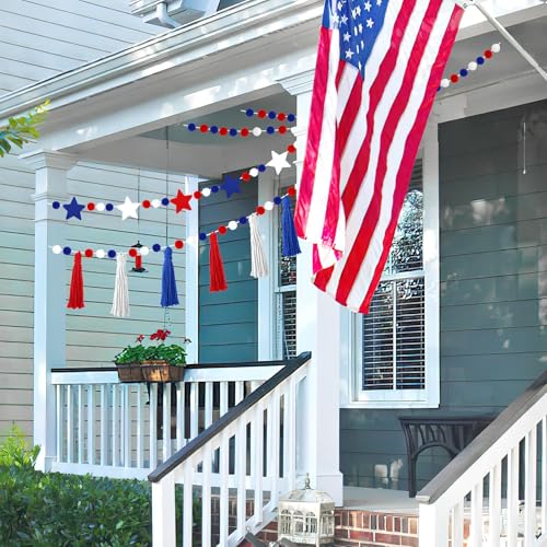 Image of Jansun 4 Pack 26.3 Ft 4th of July Patriotic Red Blue White Stars Banner | Tassel Pom Pom Red Blue White Star Garland, for Independence Day Veterans Party, Memorial Day Birthday Hanging Decorations