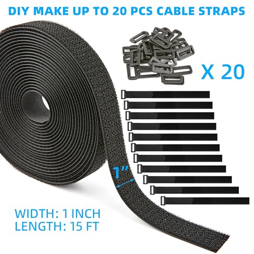 Image of 1 inch x 15ft Nylon Hook and Loop Cable Straps Roll with 20 Plastic Buckles - Reusable, Adjustable, Cut-to-Length for Organizing Cords, Wires & Storage Solutions
