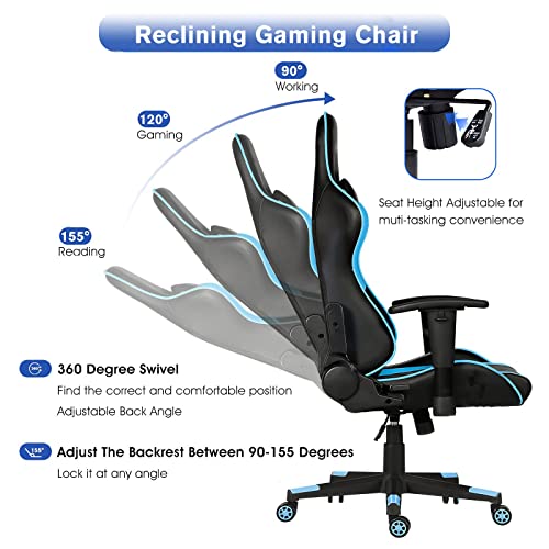 Toszn Ergonomic Video Gaming Chair 400 Lb Weight Capacity, Office Computer Chair With Headrest Lumbar Support, Reclining Racing Chair, Game Chair With Adjustable Armrest, Blue #TOP4