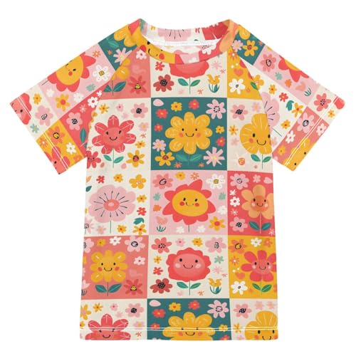 ALAZA Boys Rash Guard Swimming Shirt for Boys Short Sleeve Cute Flower Patch UPF 50+ 5-6T