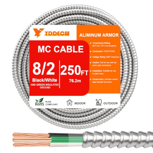 Image of 250FT 8 /2 Metal Clad (MC) Cable with Ground, 8 Gauge Electric Wire with Aluminum Armor, Solid Bare Copper Conductors for Indoor Outdoor Underground Embedded Installation (8 /2, 250 ft)