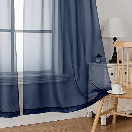 Image of Simplebrand Navy Tier Curtains for Kitchen 24 Inches Long 2 Panels Set, Rod Pocket Cafe Curtain Light Filtering Sheer Short Curtains for Bathroom /Basement Half Window 42 x 24 Inch, 2Pcs, Navy