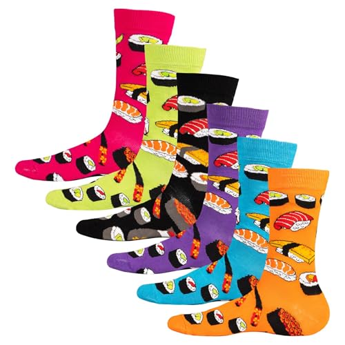 Soxy Mens Sushi Design Socks - 6 Pack - Novelty Sushi Designs - Cotton Rich Bright Assorted Colours - UK Shoe Size 6-11