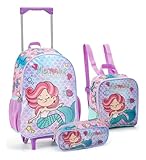 Kit Mochila de Rodinhas Escolar Feminina Infantil Lancheira Térmica Estojo Sereia