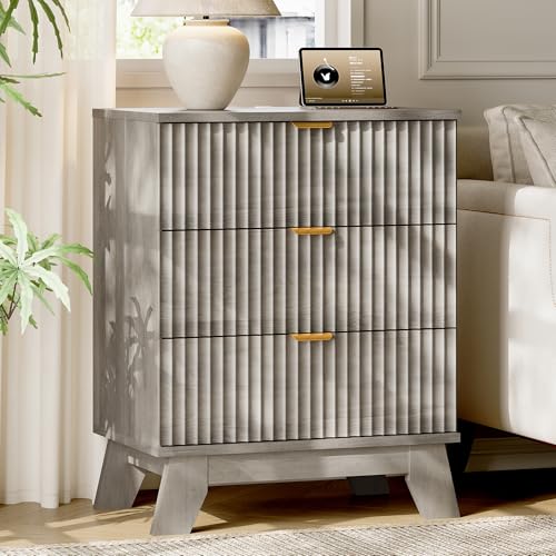 Image of Xixini Fluted Nightstand with Charging Station, Tall Bedside Table, Grey