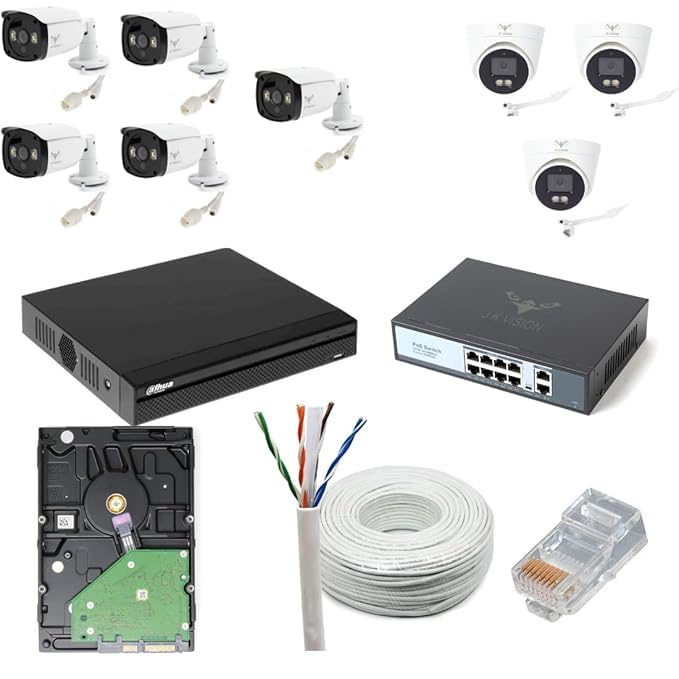 Image of JK Vision 4MP CCTV IP Camera Full Set, 5 Bullet, 3 Dome, 8 Channel NVR, 8 Port POE, 2TB Hard Disk, Cat6 Cable, 16 RJ45 Connector Compatible with J.K.Vision RJ45