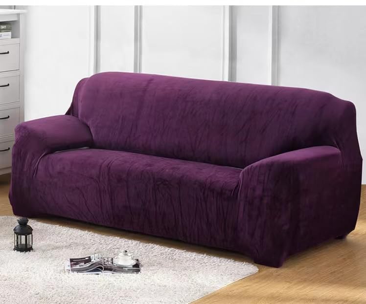 AL AJAL Thick Sofa Covers 1/2/3 Seater Pure Color Sofa Protector Velvet Easy Fit Elastic Fabric Stretch Couch Slipcover (3 Seater (195-230cm), Purple)