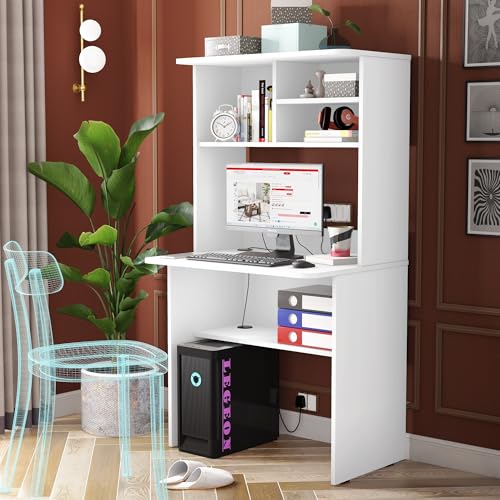 Image of Studio Kook Jade Study Computer Table with Shelves, Moonshine White | Engineered wood, 81.9x45x152 cm, 77.9x58.3 cm desk top at 76 cm, hutch shelves, cable outlet. Chair not included