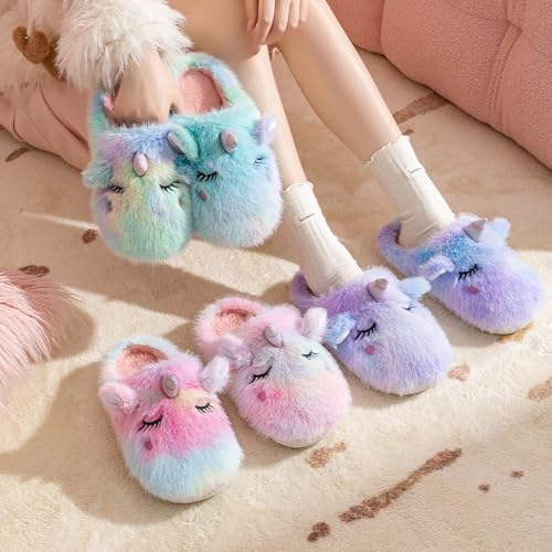 Cute Rainbow Unicorn Slippers for Women,Fluffy Winter Warm Plush Colorful Unicorn Slippers Home Shoes2