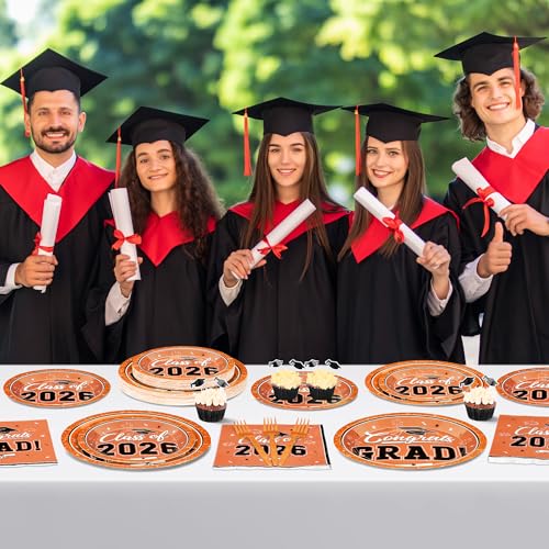 Image of QZYL 50 Set Graduation Supplies 2026, Orange Graduation Plates and Napkins, Disposable Dessert Plates and Plastic Forks, 200Pcs Grad Party Tableware for Wedding, Birthday, Graduation