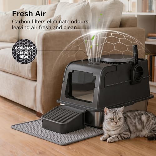 Caja de arena para gatos de acero inoxidable con doble puerta y pedal de filtro 4