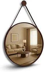 Espelho Decorativo Redondo Adnet Suspenso com Alça Costurada em Couro Ecológico para Banheiro Quarto Sala (Café/50cm)