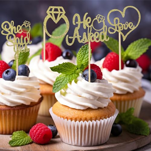 Sumersha CUAKE-24GIN 24Pcs He Asked She Said Yes Cupcake Toppers Gold Glitter Heart Diamond Ring Cupcake Picks For Wedding Engagement Bridal Shower Party Cake Decorations thumb #4