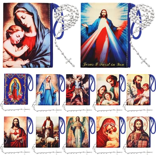 Remuuly 12 Pack Catholic Rosary Pouch With Coin Purse, 4.9'' x 3.5'' Wood Rosary Holder Bag With Zipper, Small Catholic Keepsake Gifts for First Communion Baptism