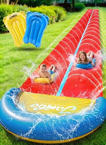 JAMBO 32FT Extra Extra Long Slip Splash and Slide, 2 Bodyboards, Heavy Duty Water Slide with Inflatable Crash Pad, Double Lane Slip Slides, Outdoor Backyard Water Slides n Toys for Kids