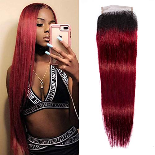 Burgundy Lace Closure Human Hair Ombre Closure Two Tone 1B/99J Dark Roots To Wine Red Straight Wave Brazilian Virgin Hair 4X4 Lace Front Pre Plucked Bleached Knots Short 10 Inch